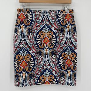J McLaughlin Reversible Halle Pencil Scuba Skirt Medium‎ Blue White Gold Coral
